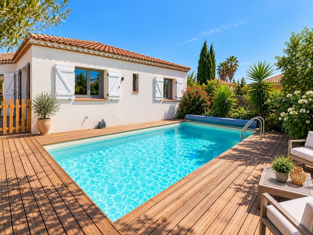PORTIRAGNES- Villa 4 faces de plain-pied  5 chambres, piscine et jardin intimiste