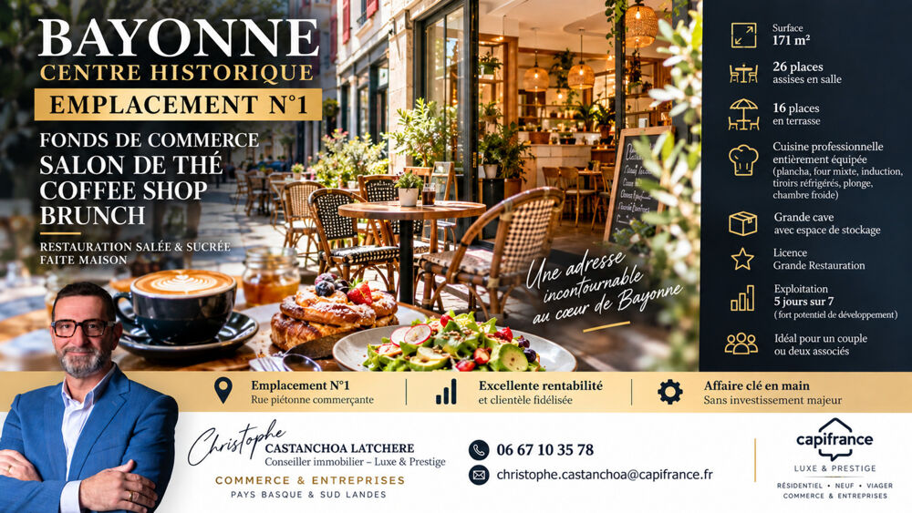   BAYONNE – EMPLACEMENT N°1 – FONDS DE COMMERCE COFFEE SHOP, SALON DE THÉ & BRUNCH – 171 M² 