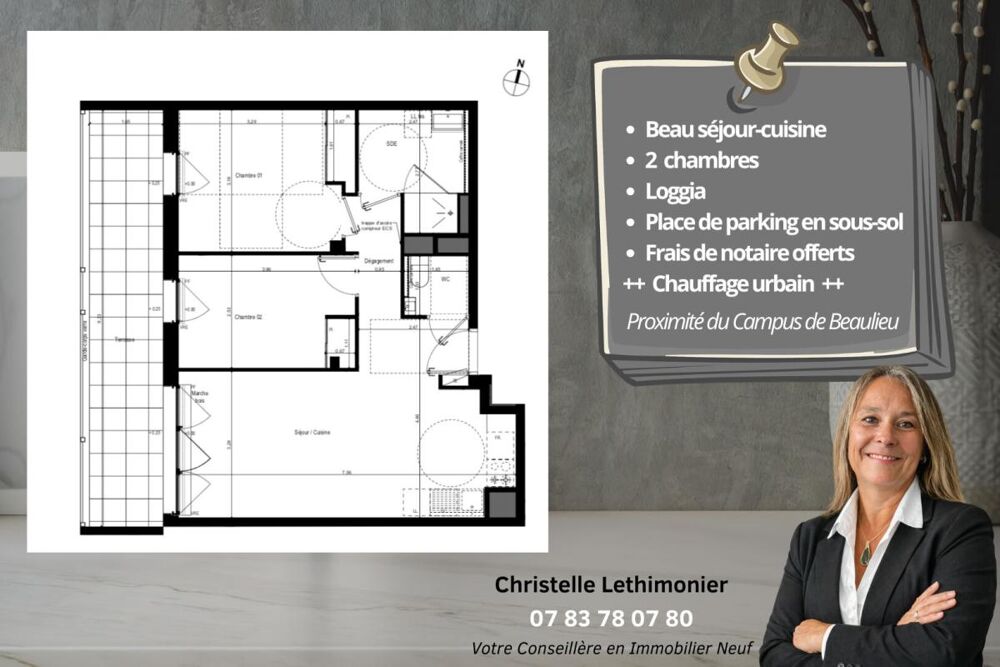 Appartement - Rennes - 3 pièces - 58.8 m2 + Parking + Loggia - Quartier Jeanne d'Arc