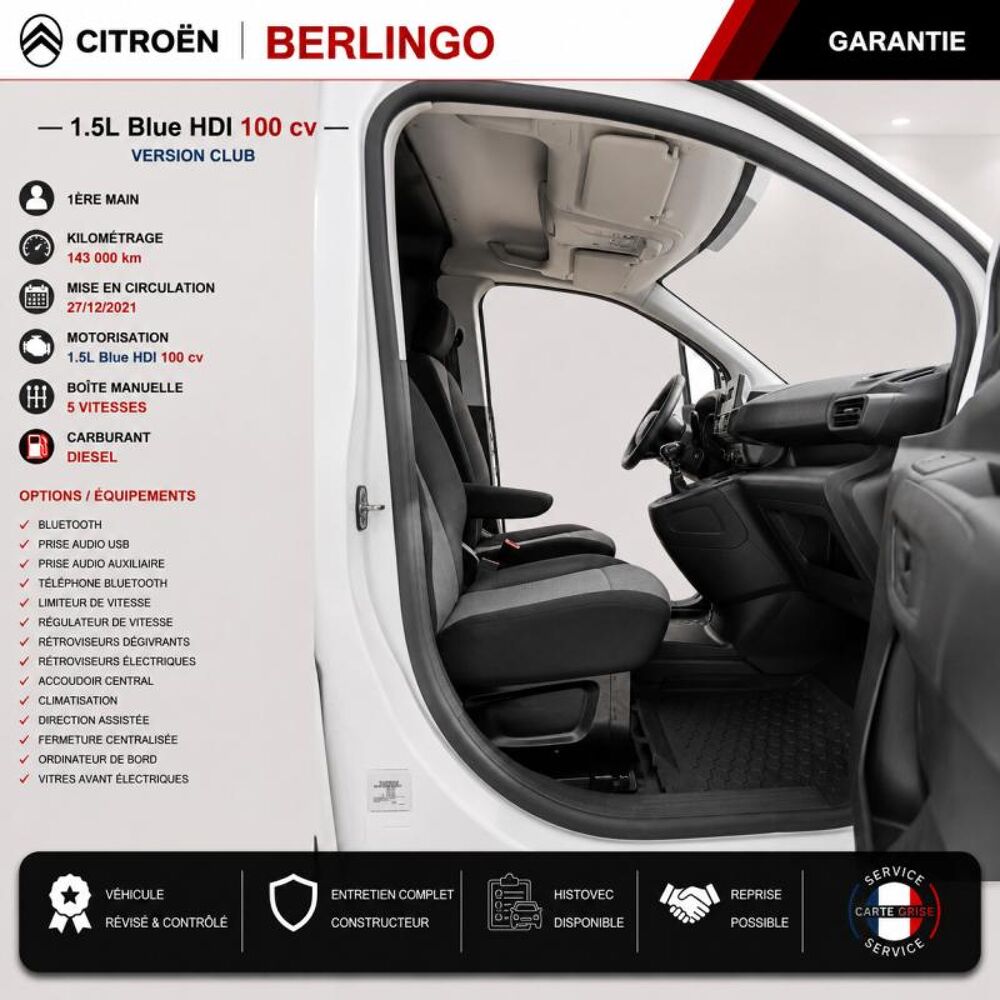 Berlingo 1&deg; Main / 1.5l B HDI 100cv Version Club CLIM/T&eacute;l/R&eacute;gul/Limit 2022 occasion 60430 Abbecourt