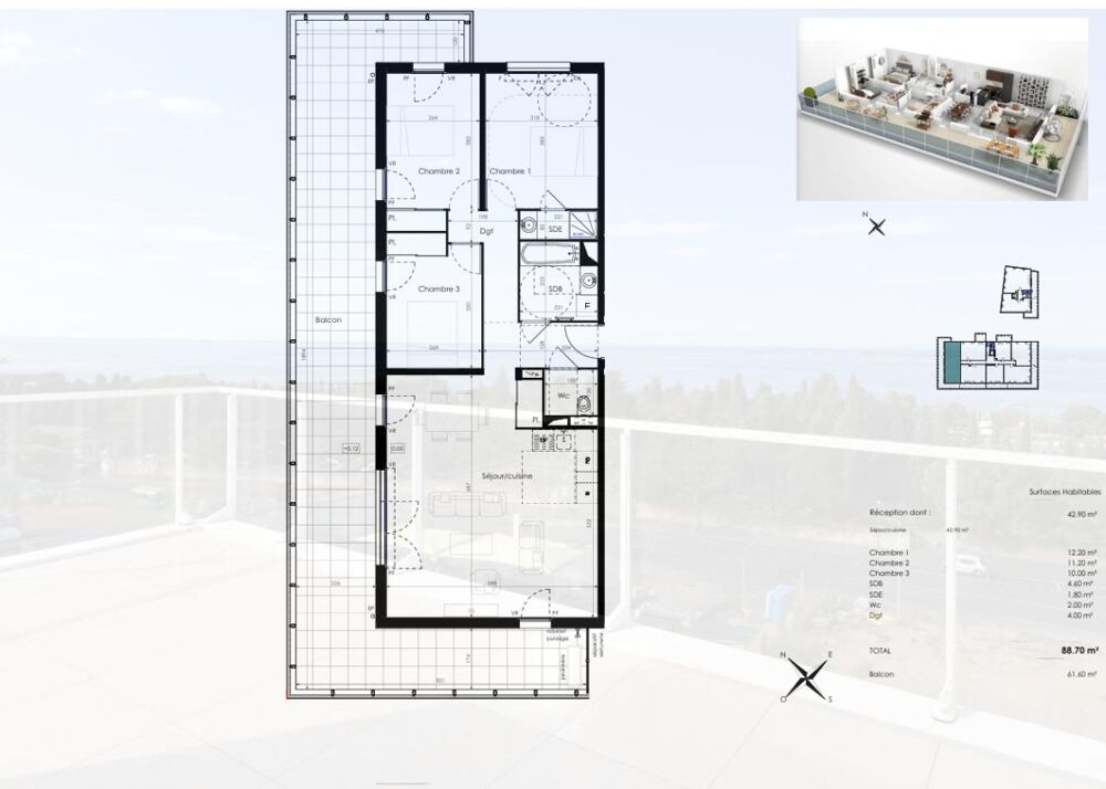 Vente Appartement SÈTE. T4 VUE BASSIN DE THAU ET APERÇU MER, BALCON XXL 61 M² ET 2 PARKINGS Sete