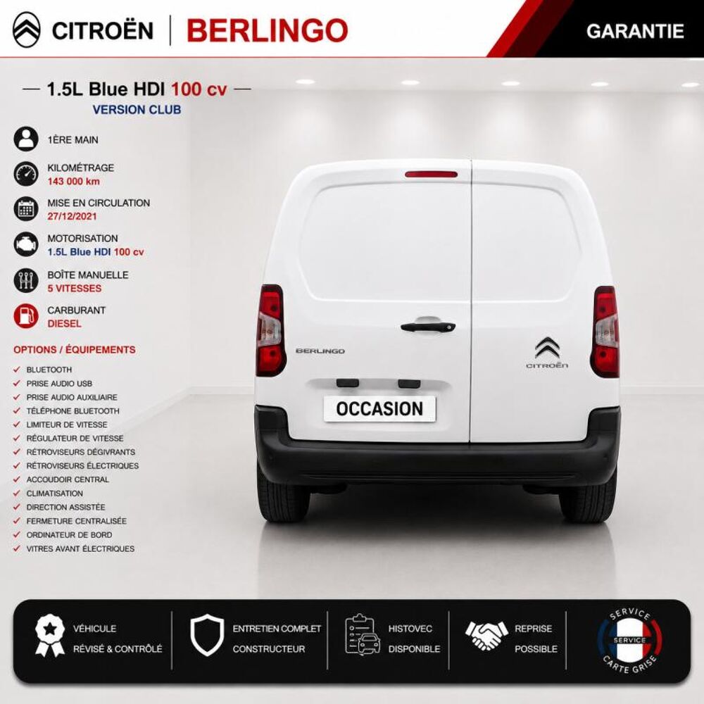 Berlingo 1&deg; Main / 1.5l B HDI 100cv Version Club CLIM/T&eacute;l/R&eacute;gul/Limit 2022 occasion 60430 Abbecourt
