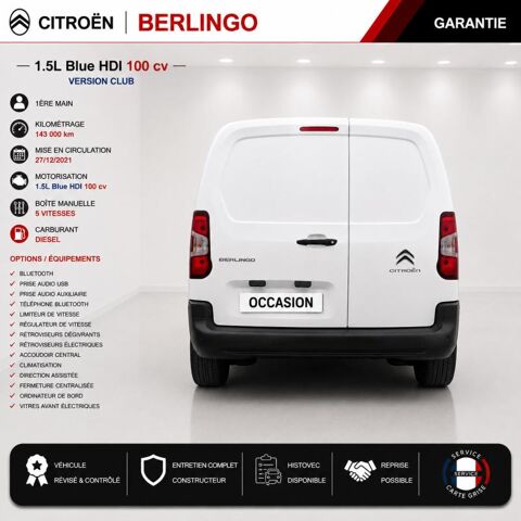 Berlingo 1&deg; Main / 1.5l B HDI 100cv Version Club CLIM/T&eacute;l/R&eacute;gul/Limit 2022 occasion 60430 Abbecourt