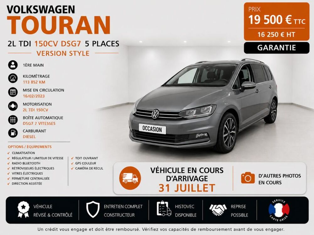 Touran 1&deg; Main / 2L TDI 150cv DSG7 5 Pl STYLE - 2023 TOIT/CAMERA/T&eacute; 2023 occasion 60430 Abbecourt