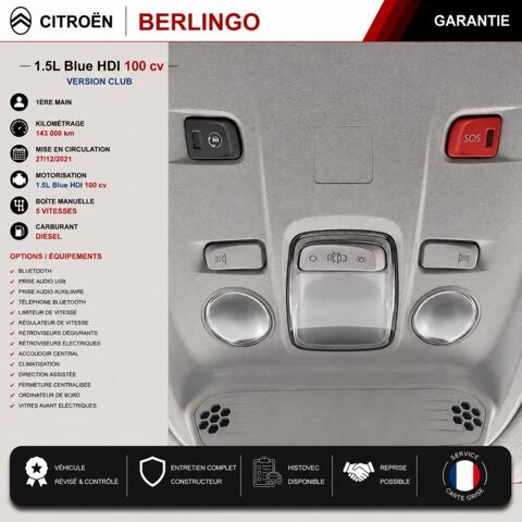 Berlingo 1&deg; Main / 1.5l B HDI 100cv Version Club CLIM/T&eacute;l/R&eacute;gul/Limit 2022 occasion 60430 Abbecourt