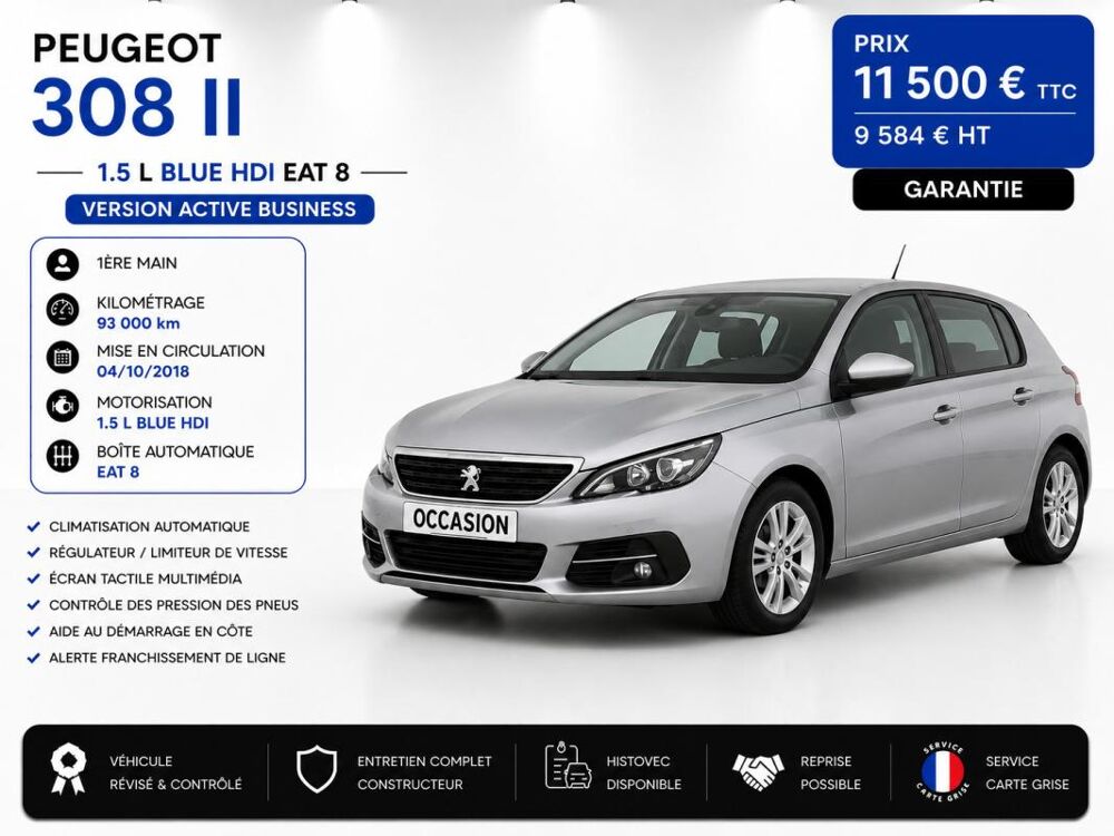 308 1&deg; Main 1.5 BHDI 130cv EAT8 Active GPS/Radar/T&eacute;l/Clim 2019 occasion 60430 Abbecourt
