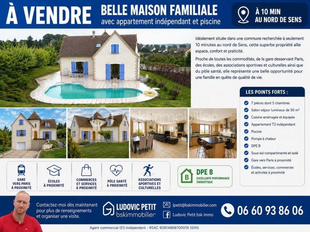 Belle maison familiale avec appartement indépendant et piscine, à 10 min au nord de Sens
