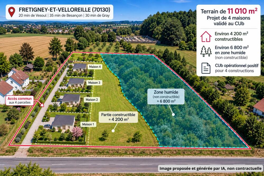Vente Terrain 70130 - FRETIGNEY ET VELLOREILLE - Terrain 11010 m² - PROJET 4 MAISONS - Prix : 70000  honoraires charge vendeur Fretigney et velloreille