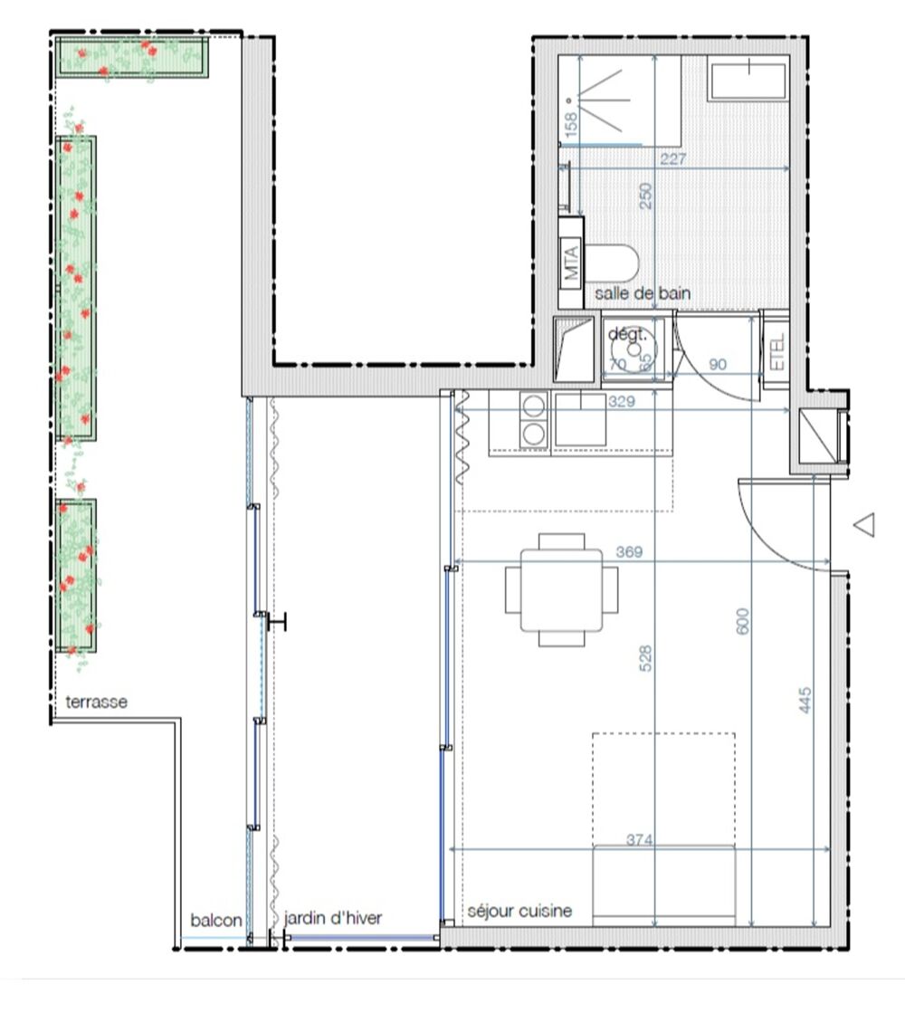 Studio neuf à vendre PARIS 14e, surface habitable 25.50 m2 + jardin d'hiver 9 m2 + terrasse 13.80 m2