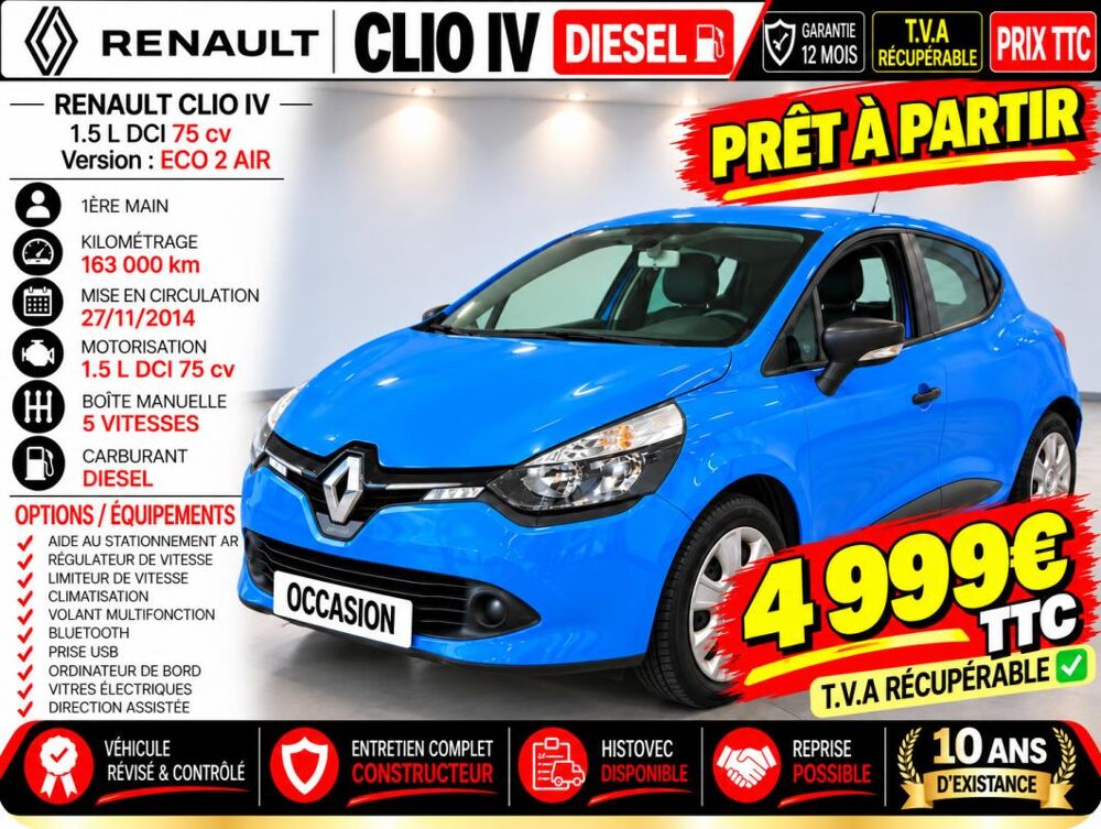 Clio 1&deg; Main / 1.5L Dci 75cv Version ECO 2 AIR CLIM/REGUL/T&eacute;L/Rad 2015 occasion 60430 Abbecourt