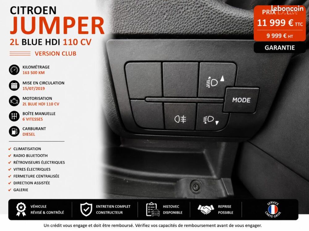Jumper 1&deg; Main / 2L B HDI 110cv Version CLUB Taille L2H2 Clim/Limit 2020 occasion 60430 Abbecourt