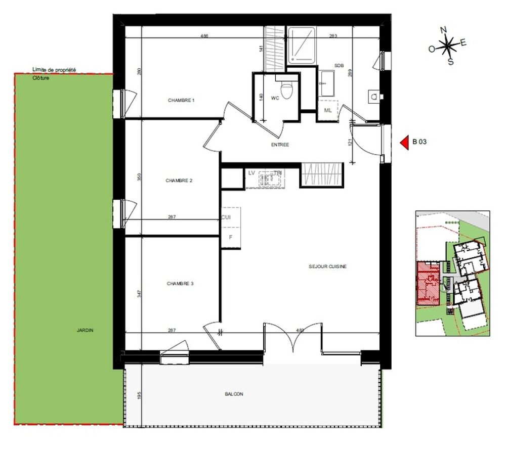 appartement T4 neuf à vendre ROUEN droite, surface hab 73.15 m2 + balcon 15.29 m2 + jardin 32.59 m2 + park