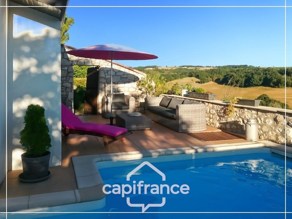 Maison d'architecte en pierre 200m², vue dégagée plein sud, piscine,lumineuse ,commodités à pied, 25min Agen, 20 min Golfech