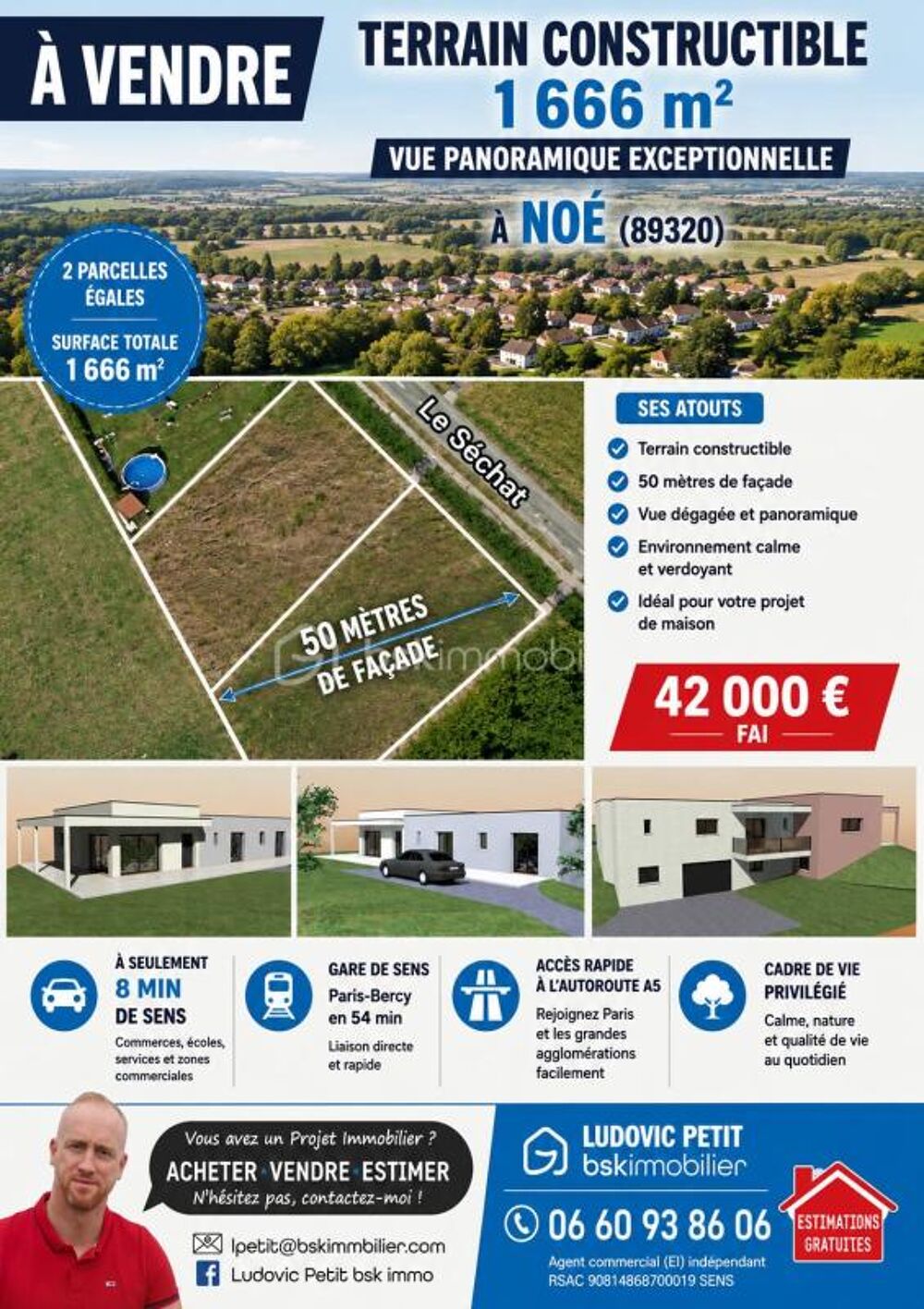 Vente Terrain ? Terrain constructible avec vue exceptionnelle à 8 min de Sens – 1 666 m² ? Noe