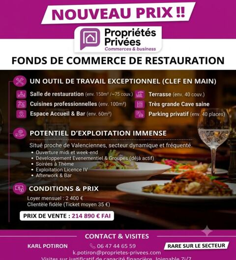 RESTAURANT AVEC FORT POTENTIEL DE D&Eacute;VELOPPEMENT, SECTEUR VALENCIENNES / PROUVY, parking, Licence IV 214890 59121 Prouvy