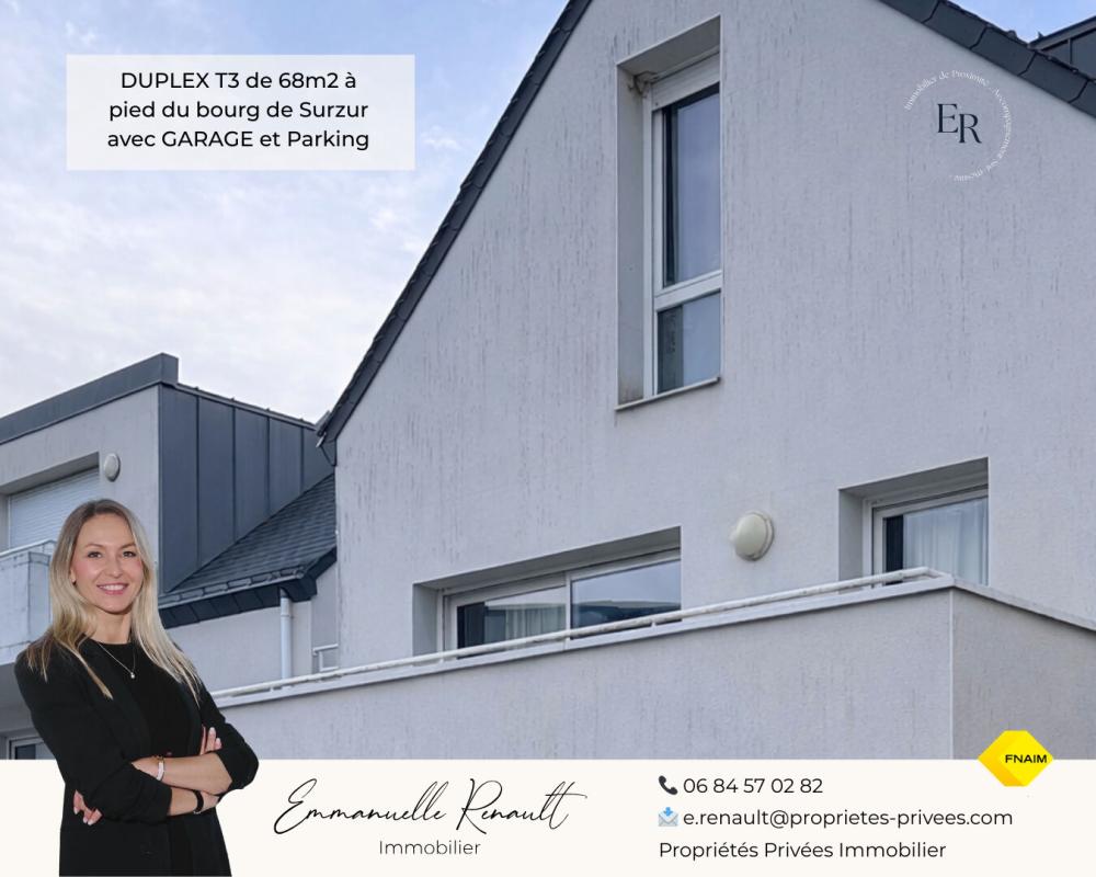 Vente Appartement SURZUR Appartement T3 en DUPLEX de 67,70 m2. Terrasse, garage fermé et parking. À pied du bourg Surzur