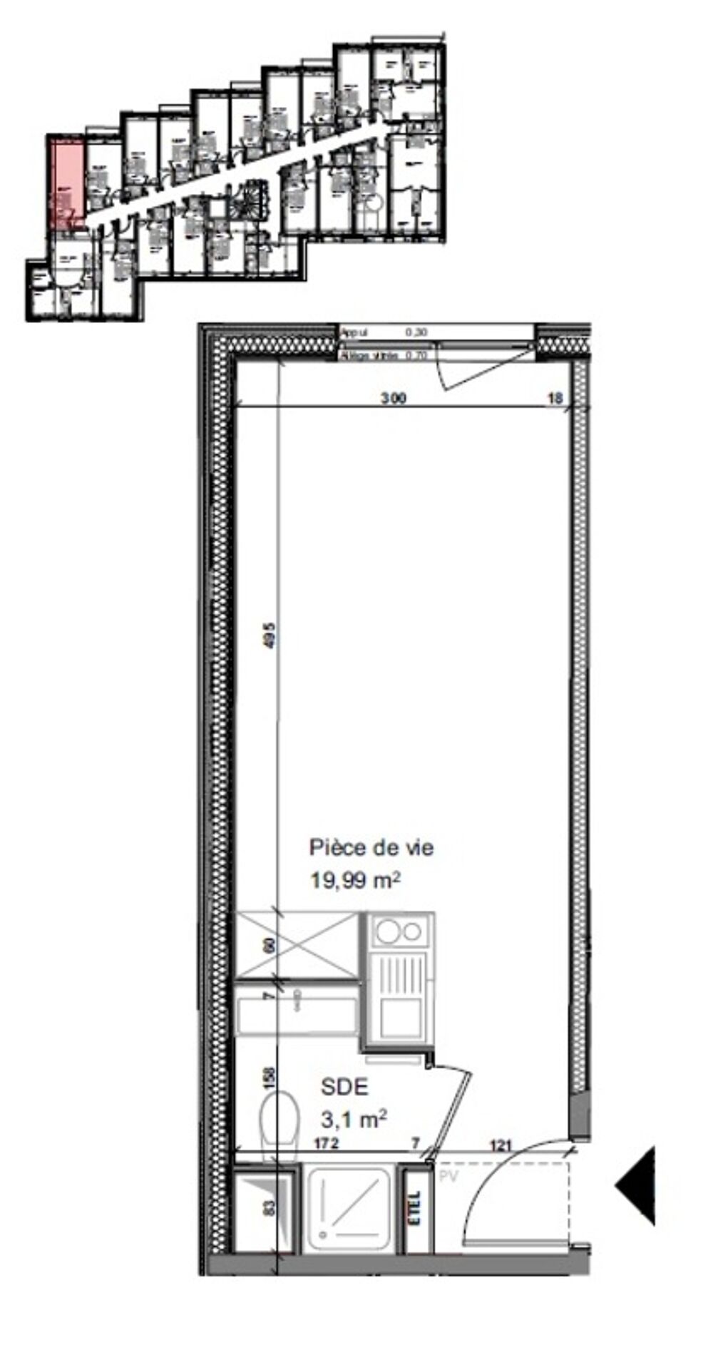 Studio neuf meublé en résidence étudiante à vendre, ROUEN rive droite : surface habitable 23.09 m2