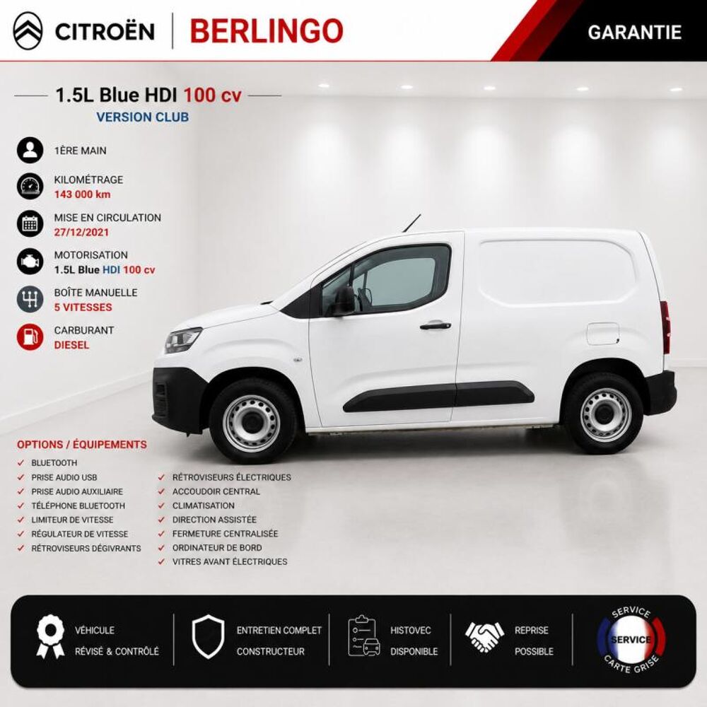 Berlingo 1&deg; Main / 1.5l B HDI 100cv Version Club CLIM/T&eacute;l/R&eacute;gul/Limit 2022 occasion 60430 Abbecourt