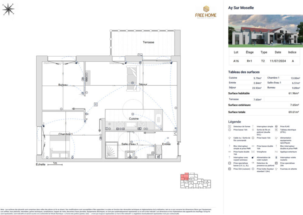 Ay-sur-Moselle  T2bis de 62 m² avec terrasse, cave et stationnement en sous-sol