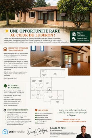 Vente Maison Maison traditionnelle de plain-pied de 133 m² - 6 pièces - 4 chambres + Grand Garage + Patio, sur un terrain de 4 000 m² Saignon