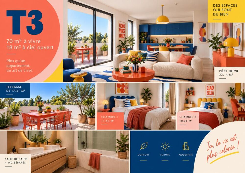 T3  70 m² à vivre, 18 m² à ciel ouvert