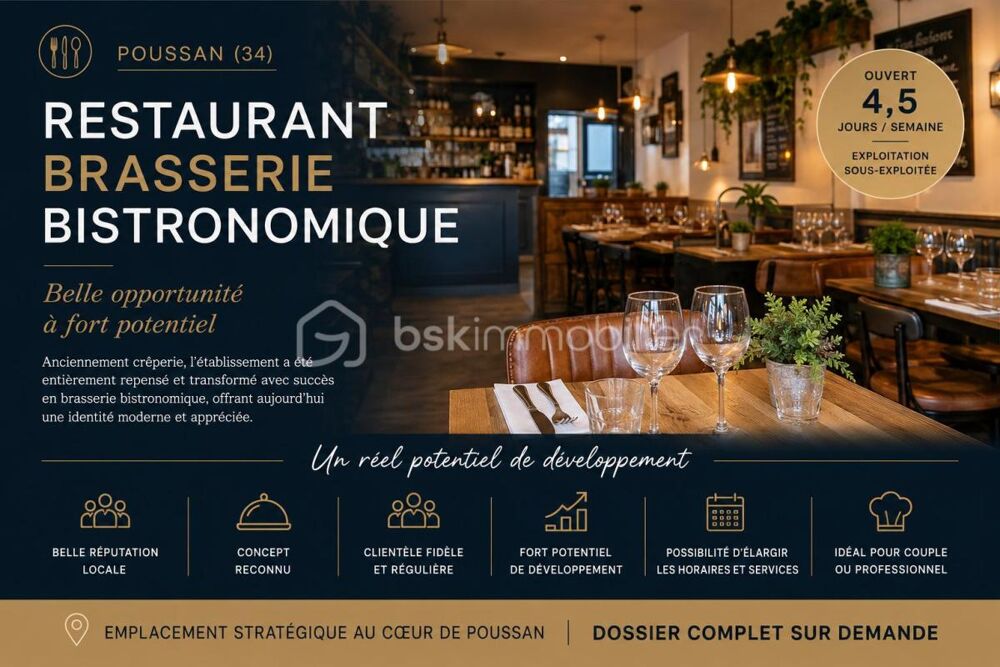   Restaurant Brasserie Bistronomique – Fort potentiel de développement – Poussan 