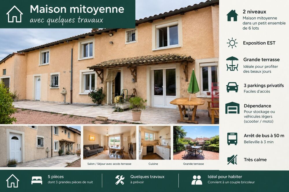 A 15 mn de Villefranche - TAPONAS (69220) 3 mn de Belleville - Maison de 110 m² avec Jardin privatif et 2 Parkings .Arrêt bus à