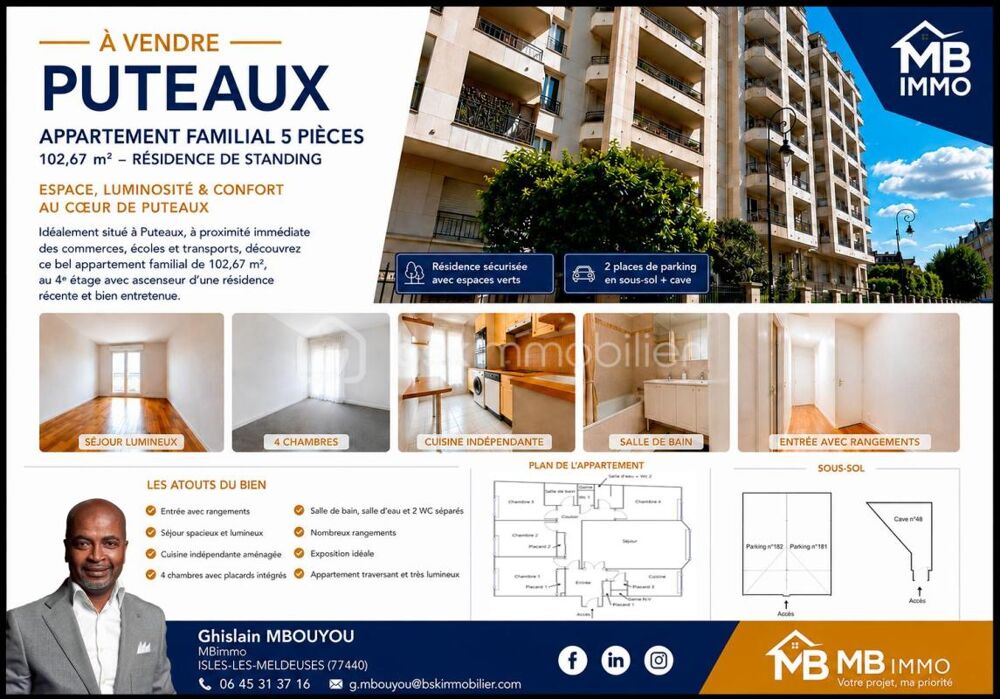 EN EXCLUSIVITE A PUTEAUX  MAGNIFIQUE APPARTEMENT FAMILIAL 5 PIÈCES AVEC DOUBLE STATIONNEMENT ET ESPACE DE RANGEMENT