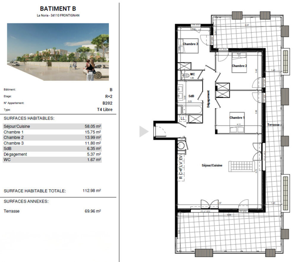 Appartement T4 avec terrasse de 70 m² avec parking et garage à FRONTIGNAN (34)