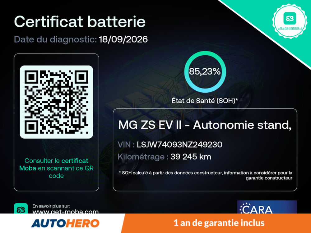 MG.ZS EV Autonomie Standard Comfort 51 kWh 177 ch 2022 occasion 92130 Issy-les-Moulineaux