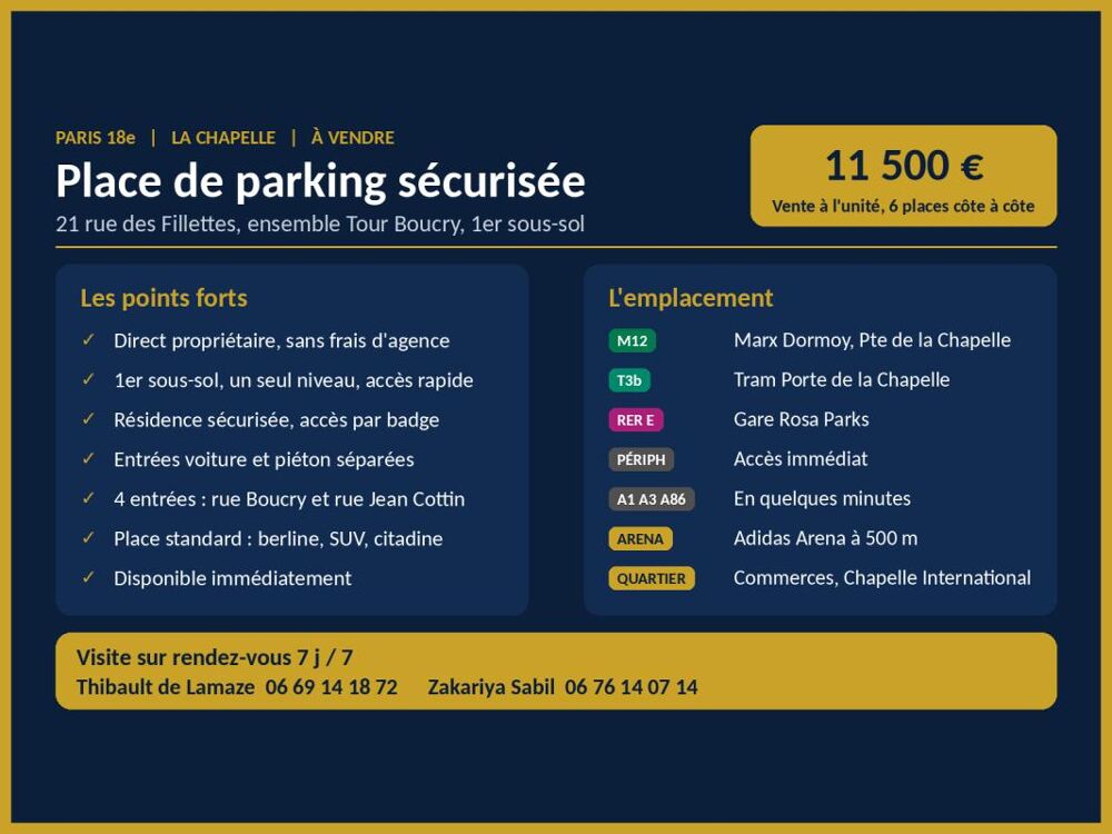 Vente Parking/Garage Parking sécurisé Paris 18e, métro 12, 11 500 € Paris 18