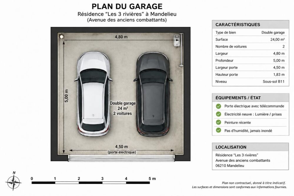 Vente Parking/Garage DOUBLE GARAGE FERMÉ  24 m²  MANDELIEU-LA-NAPOULE RÉSIDENCE LES 3 RIVIÈRES Mandelieu-la-napoule