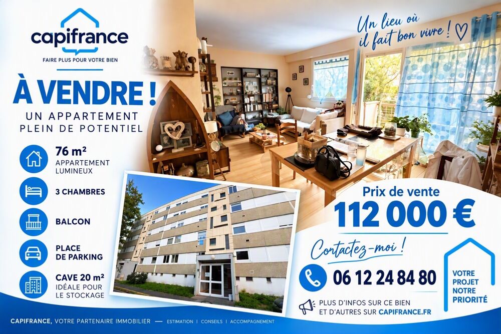 Vente Appartement NIORT – Appartement T4 de 76 m² avec 3 chambres, balcon, parking et cave Niort