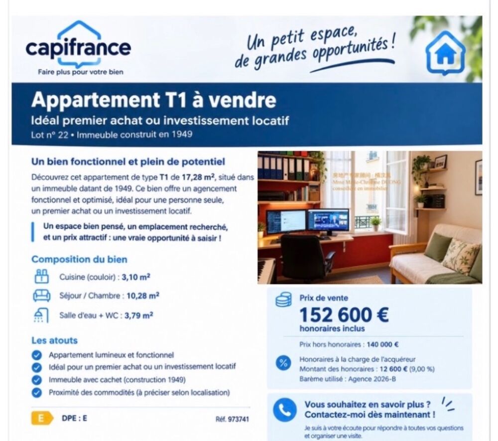 Vente Appartement Appartement T1 à vendre – 17,28 m² – Lot n° 22 – Prix : 152 600 € honoraires inclus Neuilly plaisance