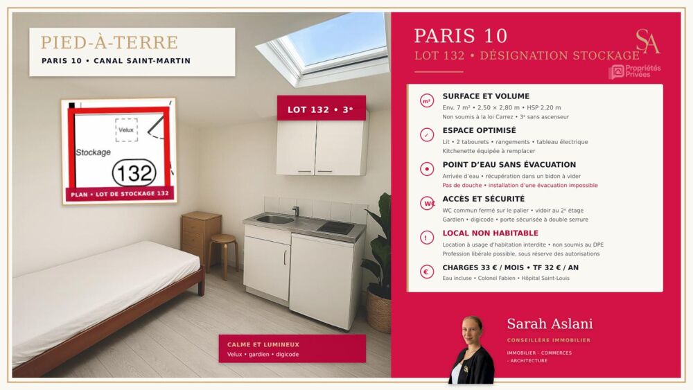 Vente Appartement 75010 PARIS - CHAMBRE 7m2 - CANAL SAINT-MARTIN / COLONEL FABIEN / HÔPITAL SAINT-LOUIS Paris 10