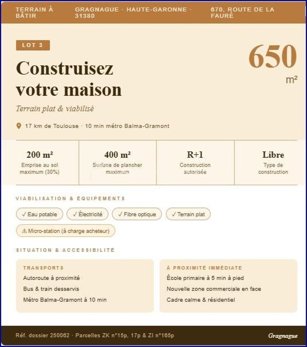 Vente Terrain Terrain à bâtir 650m² – Viabilisé – Gragnague – 10 min Métro Balma Gragnague