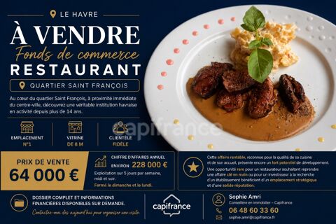 *Quartier Saint Fran&ccedil;ois - Le Havre* Fonds de commerce Restaurant 80 m&sup2; emplacement num&eacute;ro 1, vitrine de 8 m 64000 76600 Le havre