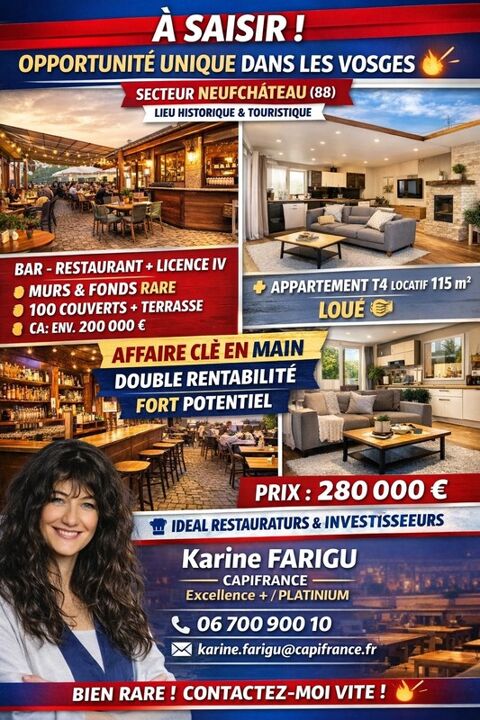 Dpt Vosges (88), &agrave; vendre secteur NEUFCHATEAU - MURS & FONDS BAR RESTAURANT IMMEUBLE 280000 88300 Neufchateau