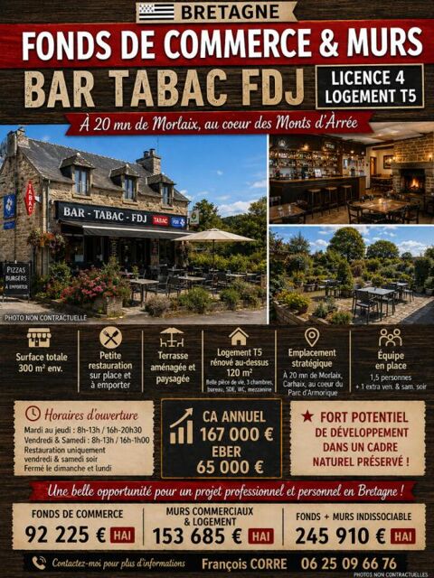 BRETAGNE - Murs et fonds avec logement, Bar, tabac, jeux, petite restauration 92225 29690 La feuillee