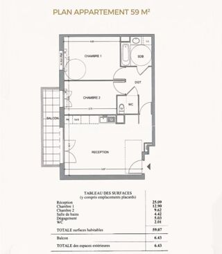  Appartement à vendre 3 pièces 59 m²