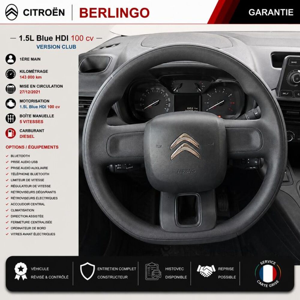 Berlingo 1&deg; Main / 1.5l B HDI 100cv Version Club CLIM/T&eacute;l/R&eacute;gul/Limit 2022 occasion 60430 Abbecourt