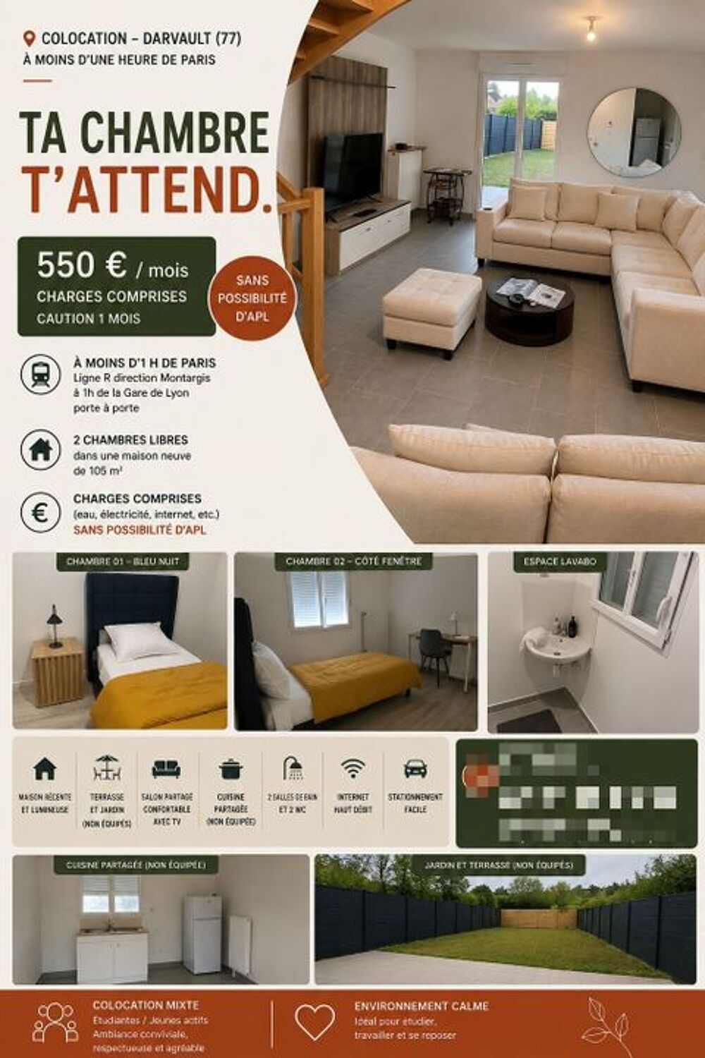 Location Appartement Chambre de 11m2 à louer sur Darvault Darvault