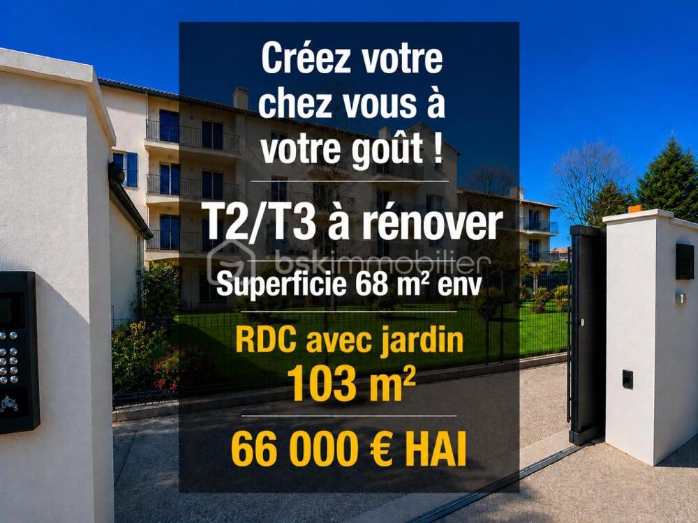 Appartement 2 pièces  68 m² avec jardin de 103 m²  à restaurer entièrement - Résidence avec ascenseur et parking avec portail