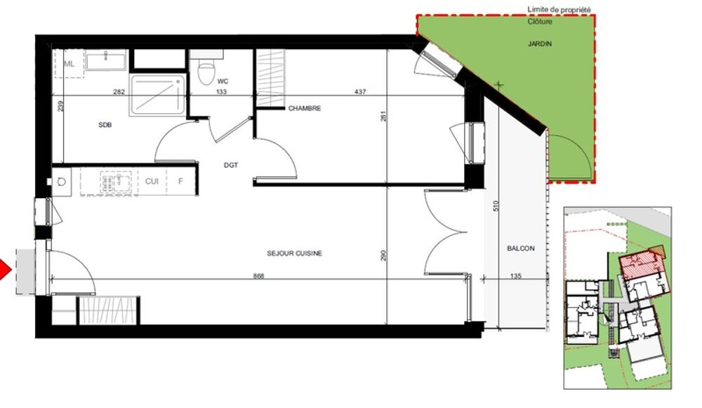 appartement T2 neuf à vendre ROUEN droite, surface hab 48.01 m2 + balcon 5.96 m2 + jardin 7.28 m2 + park