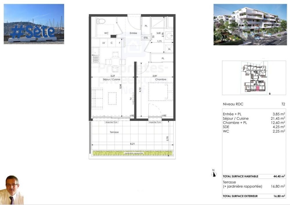 Corniche de Sète. T2 de standing, Terrasse 17 m² Sud, Bord de Mer