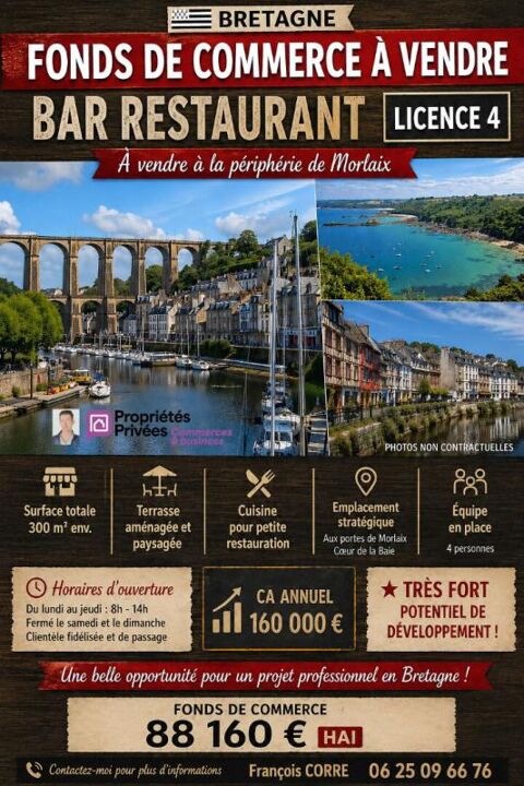 MORLAIX -  BAR RESTAURANT, Licence IV et logement 88160 29600 Morlaix