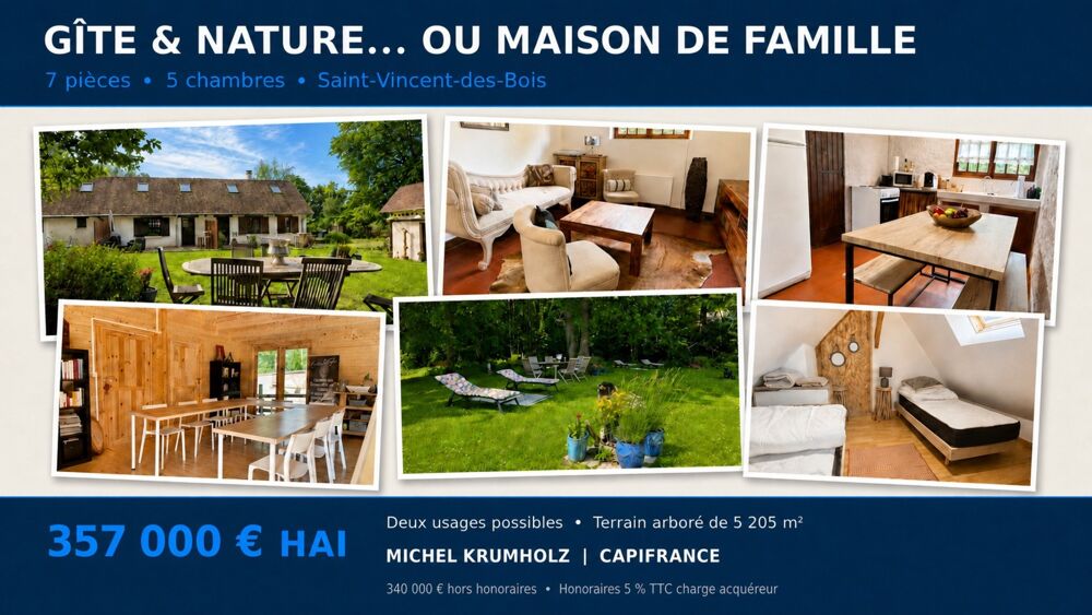 Vente Maison SAINT-VINCENT-DES-BOIS (27) – MAISON DE FAMILLE OU PROJET DE GÎTES – 7 PIÈCES, 5 CHAMBRES – TERRAIN ARBORÉ DE 5 205 M² Saint vincent des bois