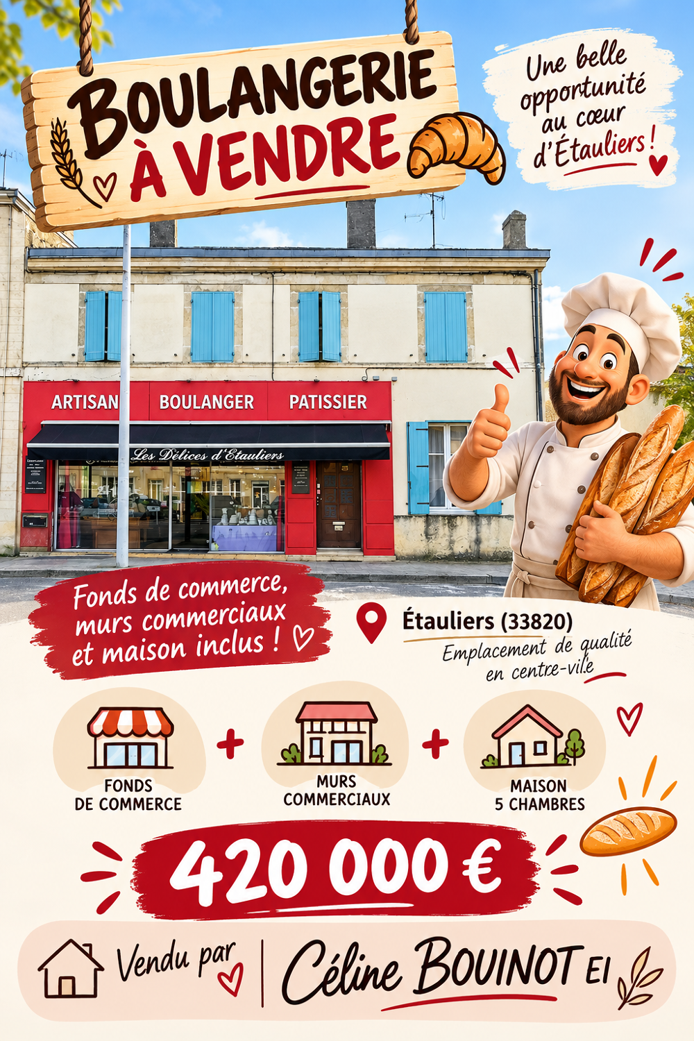   Étauliers centre   Boulangerie artisanale avec murs et maison 5 chambres   5 min A10 
