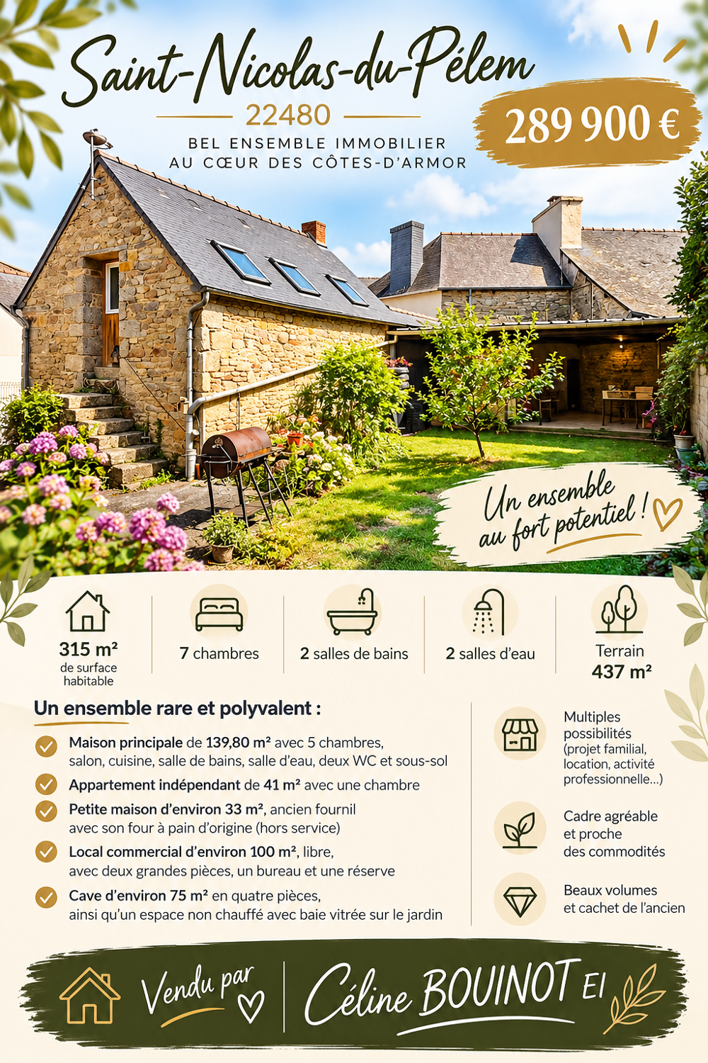 Vente Maison Saint-Nicolas-du-Pélem centre   Ensemble en granit 315 m2   Maison 5 chambres, 2 logements et local commercial St nicolas du pelem