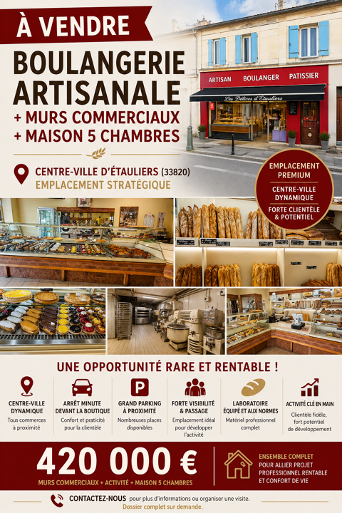 BOULANGERIE ARTISANALE + MURS COMMERCIAUX + MAISON 5 CHAMBRES 420000 33820 Etauliers
